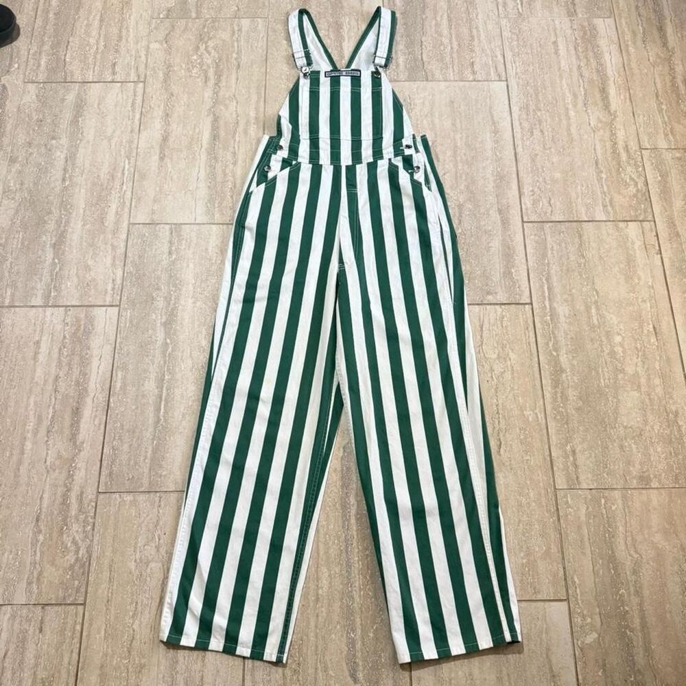 Game Day Overalls Green white Block Striped Bibs Tailgate Gameday Festival S